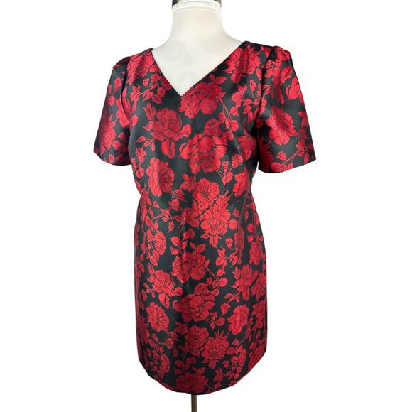 NWT Talbots Back Bow Floral Jacquard A-Line Dress Red Black Lined Zip Size 14 - Picture 3 of 16